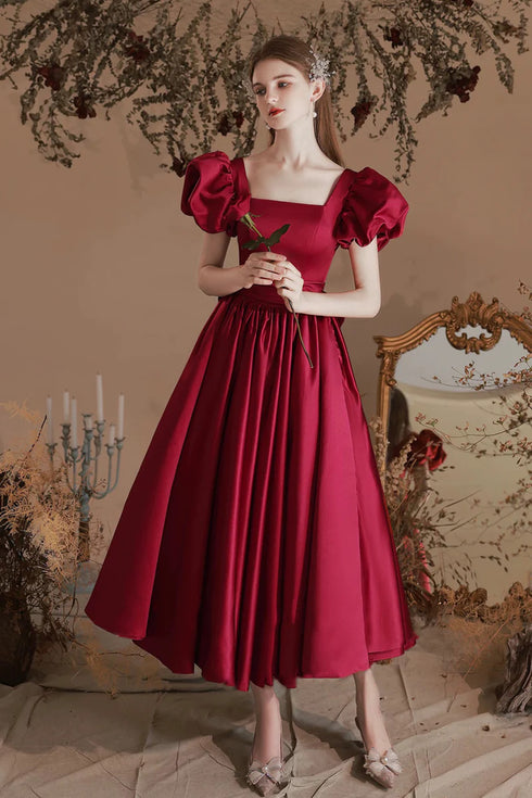 Wine Red Satin Tea Length Short Sleeves Party Dress, Wine Red Satin Homecoming Dress